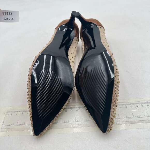 XYD Pewter Pointed Toe Slip On Mesh Pumps Rhinestone Studs Kitten Heels Shoes - Picture 7 of 8